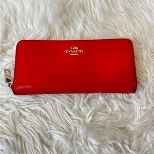 Coach Red Zip-Around Leather Wallet with Gold Logo